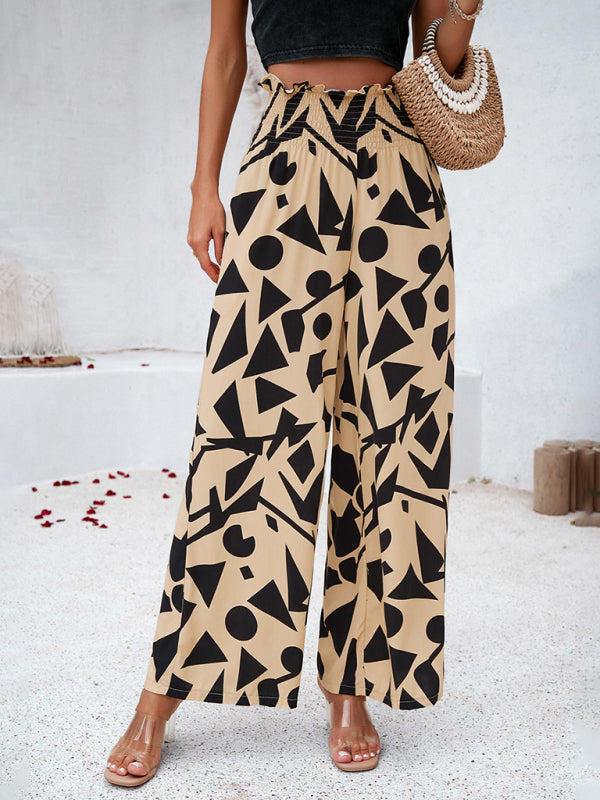 Smocked High Rise Tropical Trousers - Wide Leg Pants