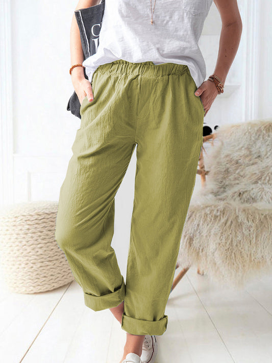 Pants- Textured Cotton Summer Pants | Elastic Waist & Pockets Trousers- Chuzko Women Clothing