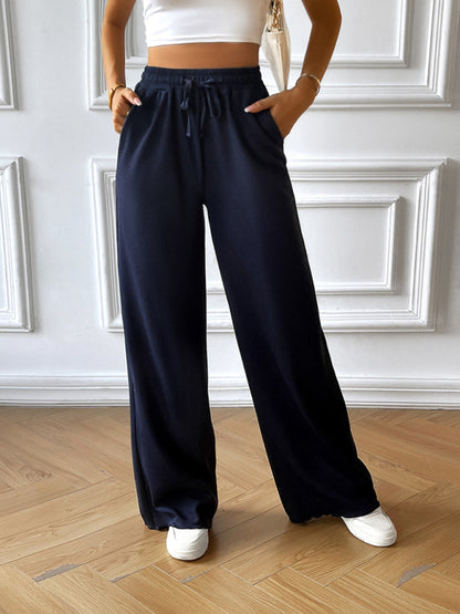 Pants- Wide-Leg Pants with Elastic Waistband | Solid High Waist Trousers- Chuzko Women Clothing