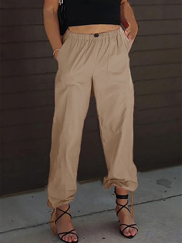 Pants- Women Solid Parachute Trousers Pants- Khaki- Chuzko Women Clothing