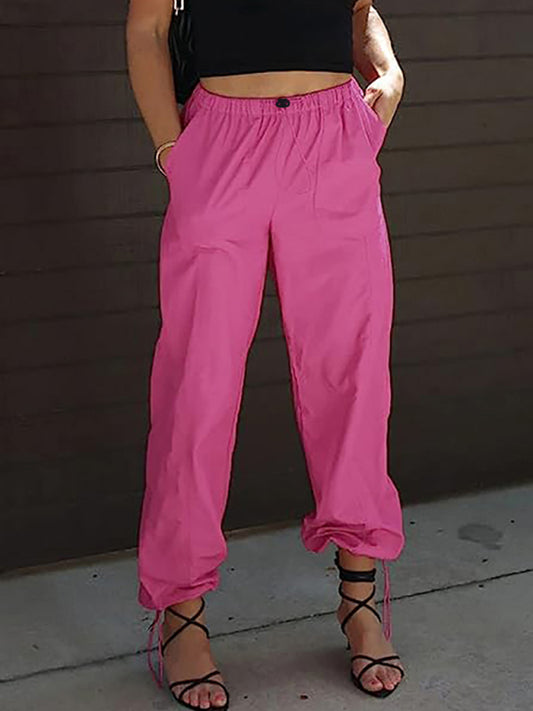 Pants- Women Solid Parachute Trousers Pants- Hot pink- Chuzko Women Clothing