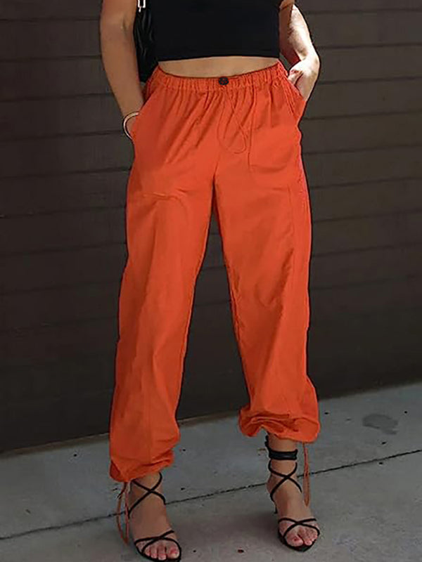 Pants- Women Solid Parachute Trousers Pants- Orange Red- Chuzko Women Clothing