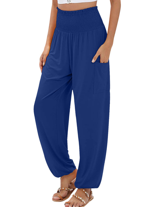 Pants- Women's Wide Smocked Waistband Pants - Solid Wide-Leg Trousers- Blue- Chuzko Women Clothing