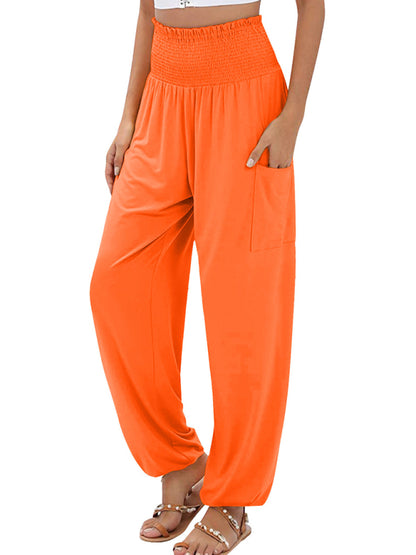 Pants- Women's Wide Smocked Waistband Pants - Solid Wide-Leg Trousers- Orange- Chuzko Women Clothing