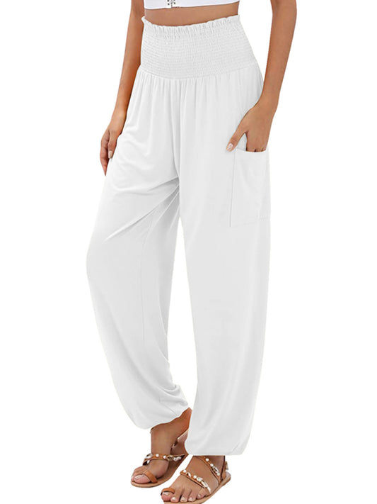 Pants- Women's Wide Smocked Waistband Pants - Solid Wide-Leg Trousers- White- Chuzko Women Clothing