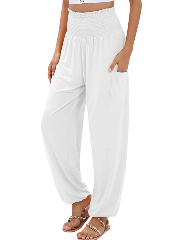 Pants- Women's Wide Smocked Waistband Pants - Solid Wide-Leg Trousers- White- Chuzko Women Clothing