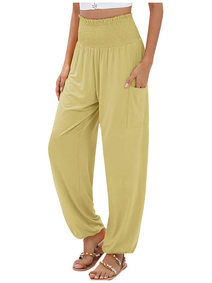 Pants- Women's Wide Smocked Waistband Pants - Solid Wide-Leg Trousers- Yellow- Chuzko Women Clothing