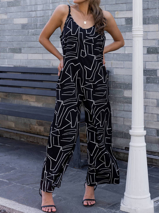 Black Print Cami Jumpsuit | Wide-Leg Sleeveless Pantsuit