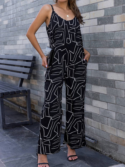 Black Print Cami Jumpsuit | Wide-Leg Sleeveless Pantsuit