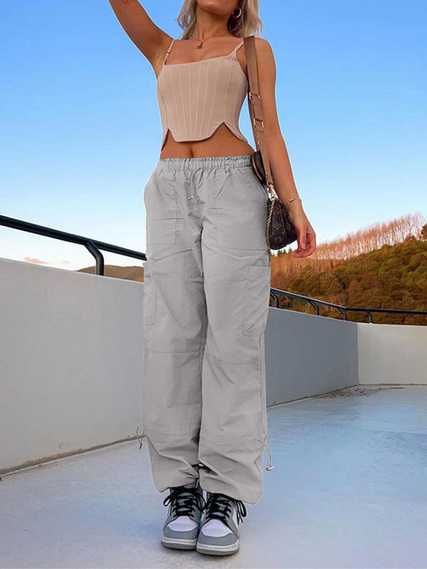 Parachute Pants- Solid Parachute Trousers - Multi-Pocket Mid-Waist Cargo Pants- - Chuzko Women Clothing