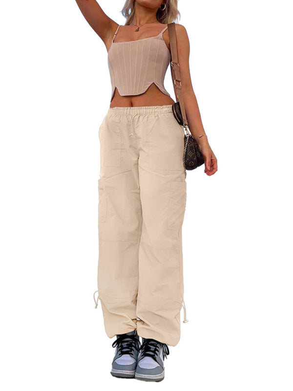 Parachute Pants- Solid Parachute Trousers - Multi-Pocket Mid-Waist Cargo Pants- - Chuzko Women Clothing