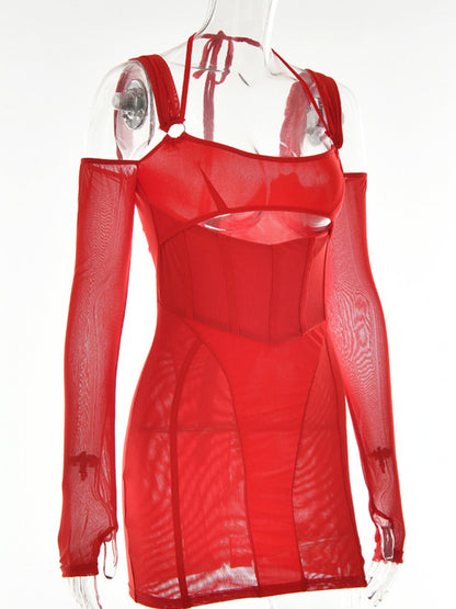 Mini-robe moulante transparente 2 pièces avec gants pour fête
