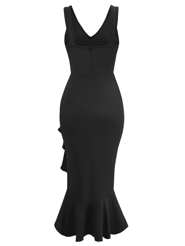 Party Dresses- Elegant Bridesmaid Cocktail Midi Dress with Ruffle Accents- - Chuzko Women Clothing