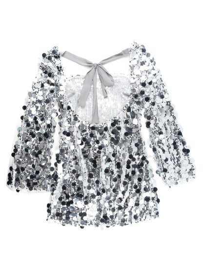 Elegant Sparkle Sequined Long-Sleeve Backless Mini Dress