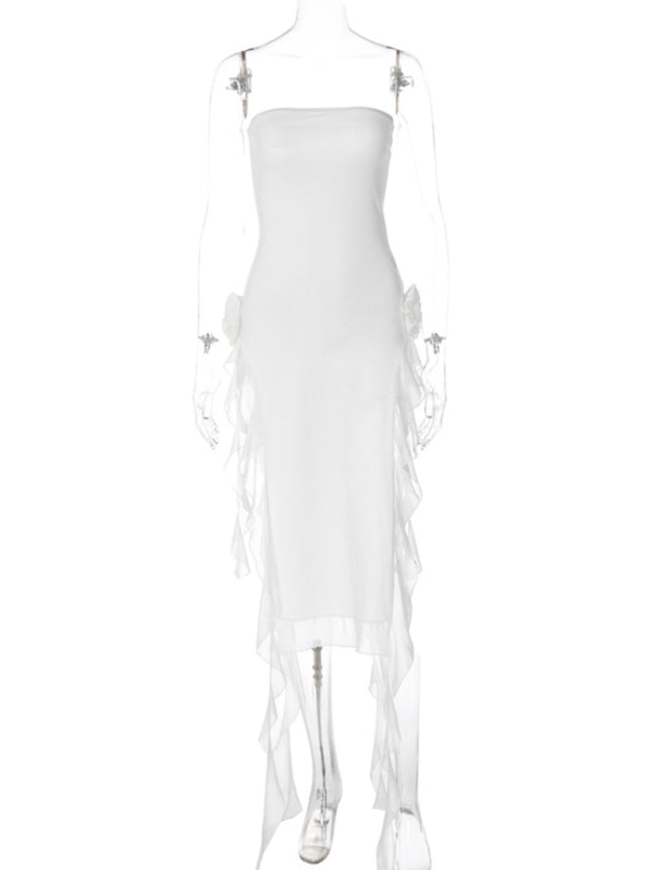 Party Dresses- Elegant Strapless Slits Tube Midi Dress with Mesh Ruffle Accents- Chuzko Women Clothing