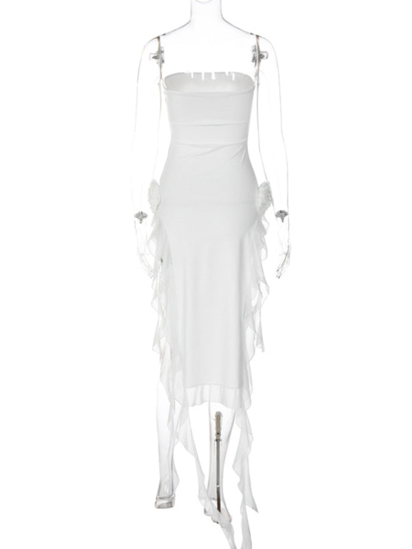Party Dresses- Elegant Strapless Slits Tube Midi Dress with Mesh Ruffle Accents- Chuzko Women Clothing