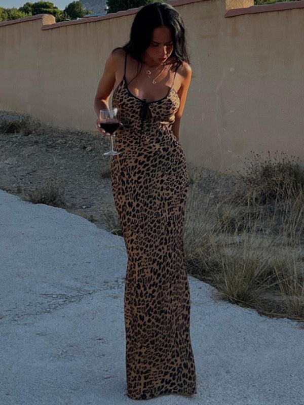 Robe longue caraco fourreau imprimé léopard pour fête