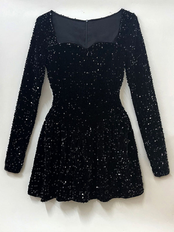 Party Dresses- Night Out Long Sleeve Sequined Sparkle Fit and Flare Midi Dress- Chuzko Women Clothing