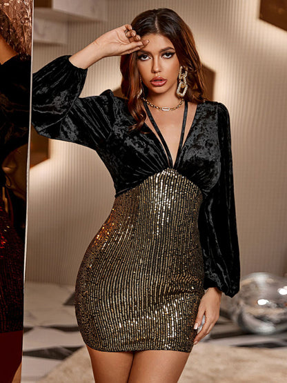 Patched Sequins & Velvet Bodycon Dress for Sparkling Nights