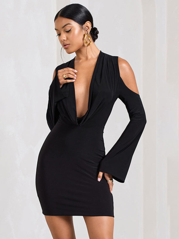 Solid Plunge Cowl Neck Long Sleeve Bodycon Mini Dress