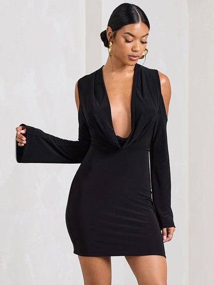Solid Plunge Cowl Neck Long Sleeve Bodycon Mini Dress