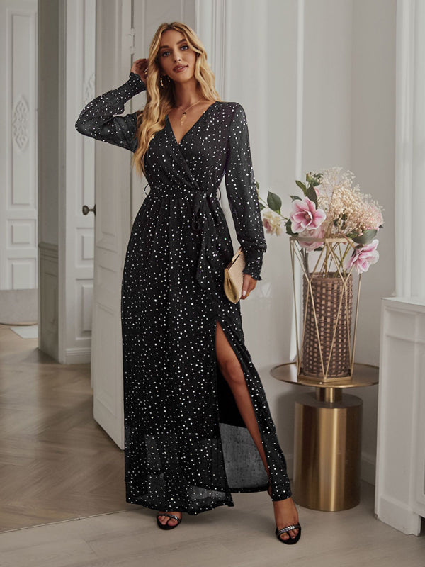 Party Dresses- Sparkling Long-Sleeve Slit Side Maxi Dress for Weddings- Chuzko Women Clothing