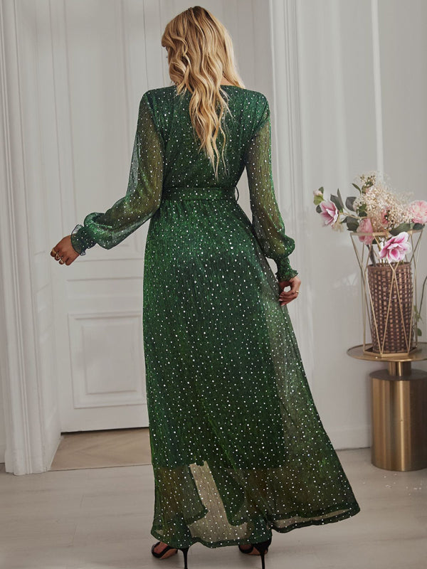 Party Dresses- Sparkling Long-Sleeve Slit Side Maxi Dress for Weddings- Chuzko Women Clothing