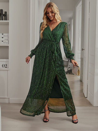 Party Dresses- Sparkling Long-Sleeve Slit Side Maxi Dress for Weddings- Chuzko Women Clothing