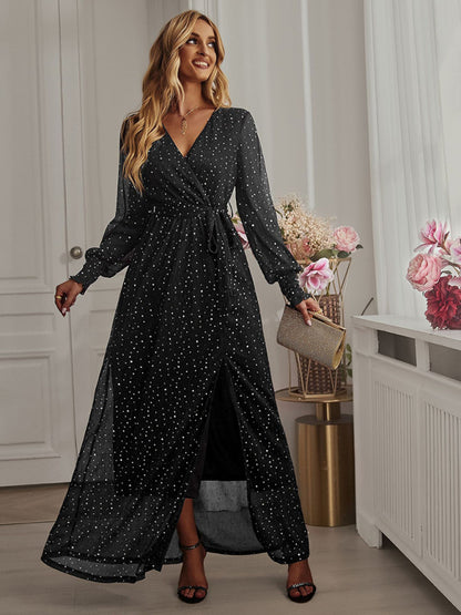 Party Dresses- Sparkling Long-Sleeve Slit Side Maxi Dress for Weddings- Chuzko Women Clothing