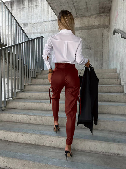 Pencil Pants- High Waist Pencil Flap Zip-Up Pants in Faux Leather- Chuzko Women Clothing