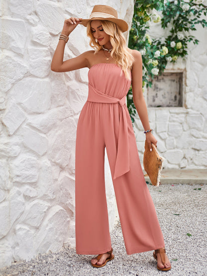 Belted Tube Playsuit - Solid Strapless Jumpsuit