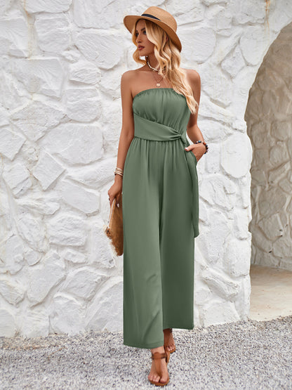Belted Tube Playsuit - Solid Strapless Jumpsuit