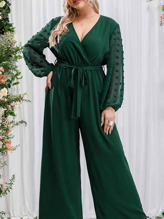Playsuits- Elegant Full-Length Surplice V-Neck Jumpsuit - Belted Wide-Length Playsuit- Green- Chuzko Women Clothing
