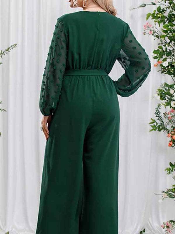 Playsuits- Elegant Full-Length Surplice V-Neck Jumpsuit - Belted Wide-Length Playsuit- - Chuzko Women Clothing