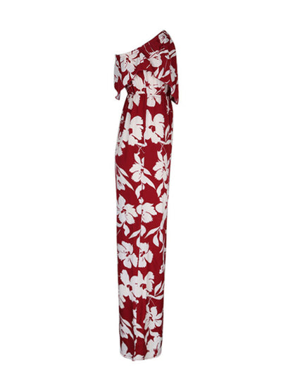 Playsuits- Floral Wide-Leg Strapless Jumpsuit | Tube Top Pantsuit- Chuzko Women Clothing