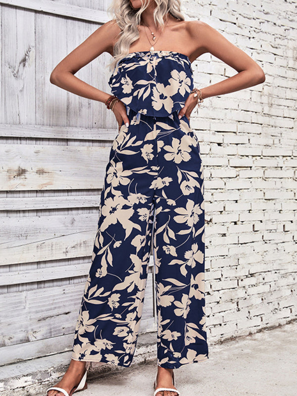 Playsuits- Floral Wide-Leg Strapless Jumpsuit | Tube Top Pantsuit- Chuzko Women Clothing