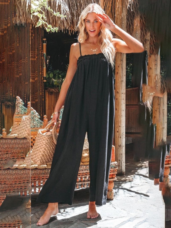 Loose Full-Length Playsuit - Solid Cotton Linen Cami Jumpsuit