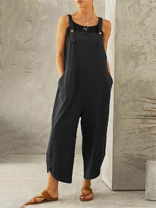 Playsuit in Solid Cotton Baggy Bib Overalls with Pockets