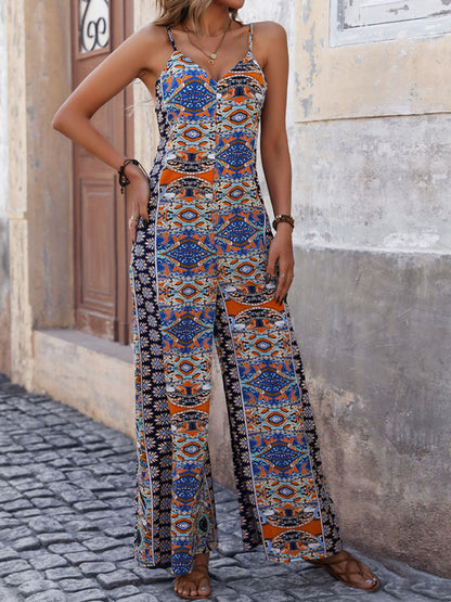 Playsuits- Women's Paisley Print Wide-Leg Jumpsuit with Handy Pockets - Cami Playsuit- - Chuzko Women Clothing