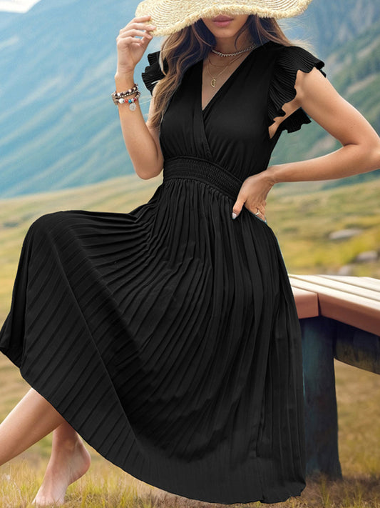 Pleated Dresses- Solid Pleated Surplice V-Neck Midi Dress with Smocked Waist- Black- Chuzko Women Clothing