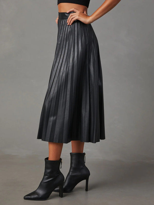 Pleated Skirts- Pleated Faux Leather Midi Skirt- Chuzko Women Clothing