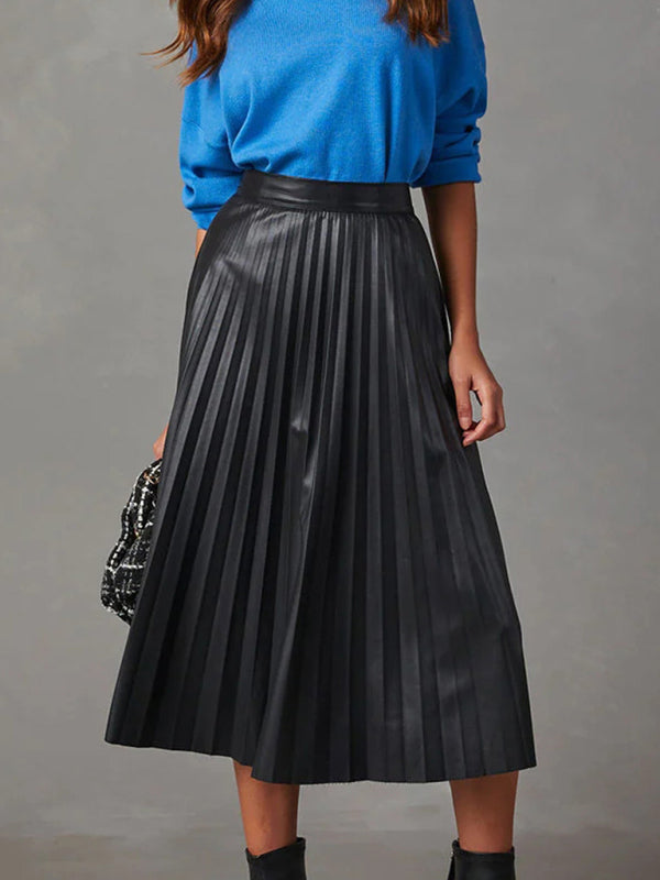 Pleated Skirts- Pleated Faux Leather Midi Skirt- Chuzko Women Clothing