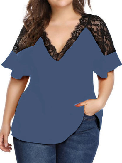 Plus Size Blouses- Curvy V-Neck Blouse with Lace Accents- - Chuzko Women Clothing