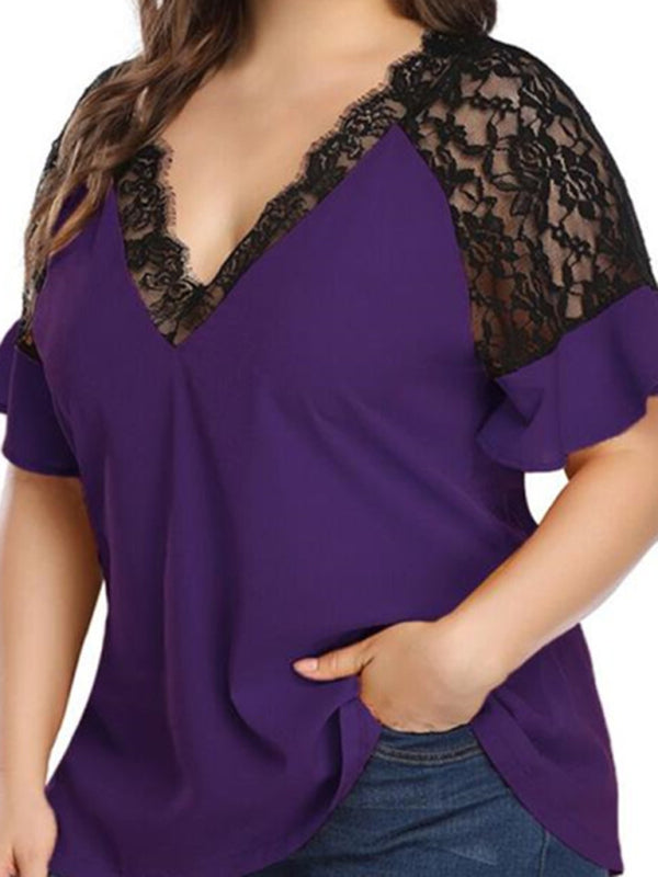 Plus Size Blouses- Curvy V-Neck Blouse with Lace Accents- Purple- Chuzko Women Clothing