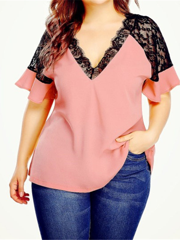 Plus Size Blouses- Curvy V-Neck Blouse with Lace Accents- Pink- Chuzko Women Clothing