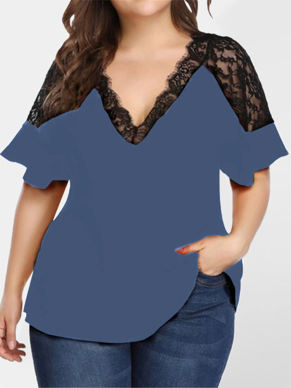 Plus Size Blouses- Curvy V-Neck Blouse with Lace Accents- Black- Chuzko Women Clothing