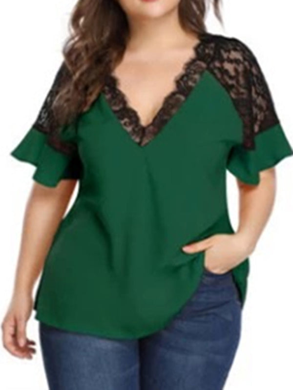 Plus Size Blouses- Curvy V-Neck Blouse with Lace Accents- Green- Chuzko Women Clothing