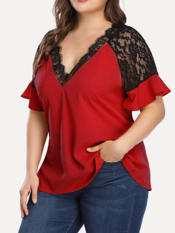 Plus Size Blouses- Curvy V-Neck Blouse with Lace Accents- Red- Chuzko Women Clothing