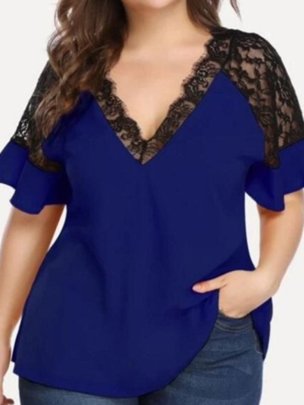 Plus Size Blouses- Curvy V-Neck Blouse with Lace Accents- Blue- Chuzko Women Clothing