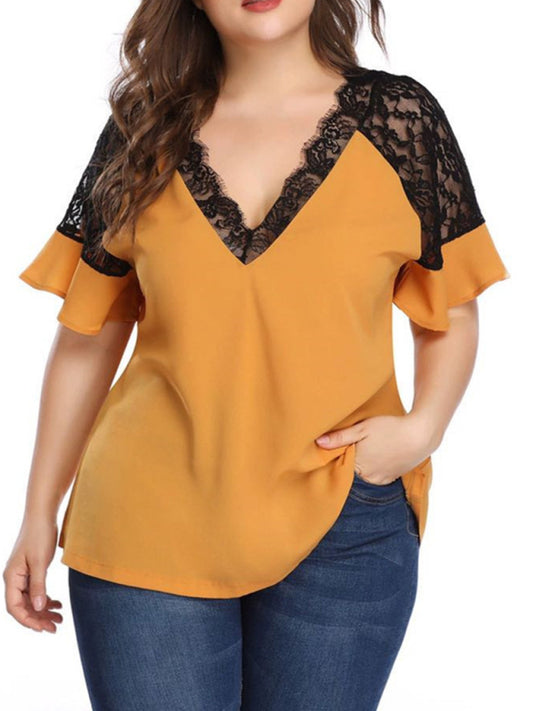Plus Size Blouses- Curvy V-Neck Blouse with Lace Accents- Yellow- Chuzko Women Clothing